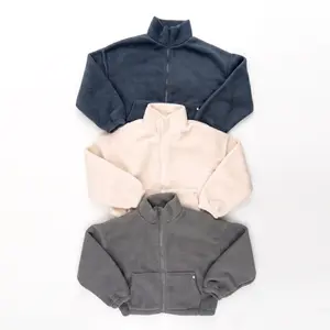 Women's Sherpa Fleece Cropped Zip-Up Jacket by HL - Minimalist, Warm, Soft, Fluffy, Cozy