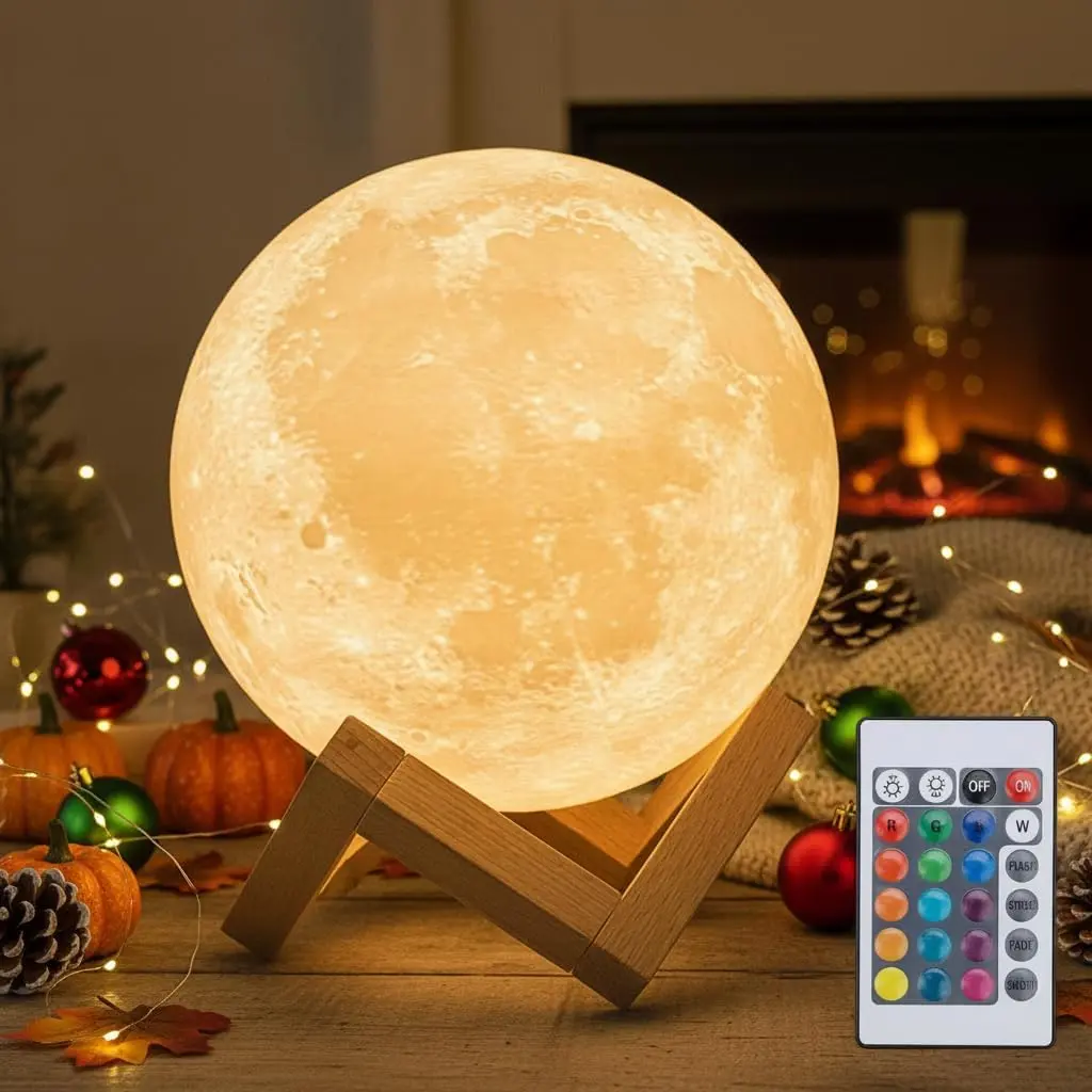 3D Moon Lamp, 16-Color LED Lights Bedroom with 148 Modes, Rechargeable Dimmable Night Light with Remote & Wooden Stand, Mom Gift, Cool Room Decor Home Decor Items Room Accessories for Bedroom Décor