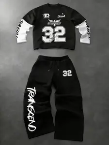 Men's Fashion Classic Casual Activewear Two-Piece Set, Soft Comfortable Graphic Print Round Neck Long Sleeve and Drawstring Wide Leg Pants Clothes