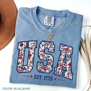 Comfort Colors Floral USA Shirt, American Girl Shirt, USA Est 1776 Shirt, USA 250 Anniversary Shirt, Girly 4th of July Shirt, Independence Day Tee