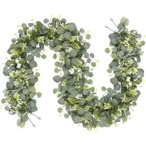 Eucalyptus Flower Wreath Set, Decorative Flower Wreath, 5.9ft Silver Dollar Eucalyptus Leaves Starflower Ring, Artificial Plant Vine Wedding Party Home Decor
