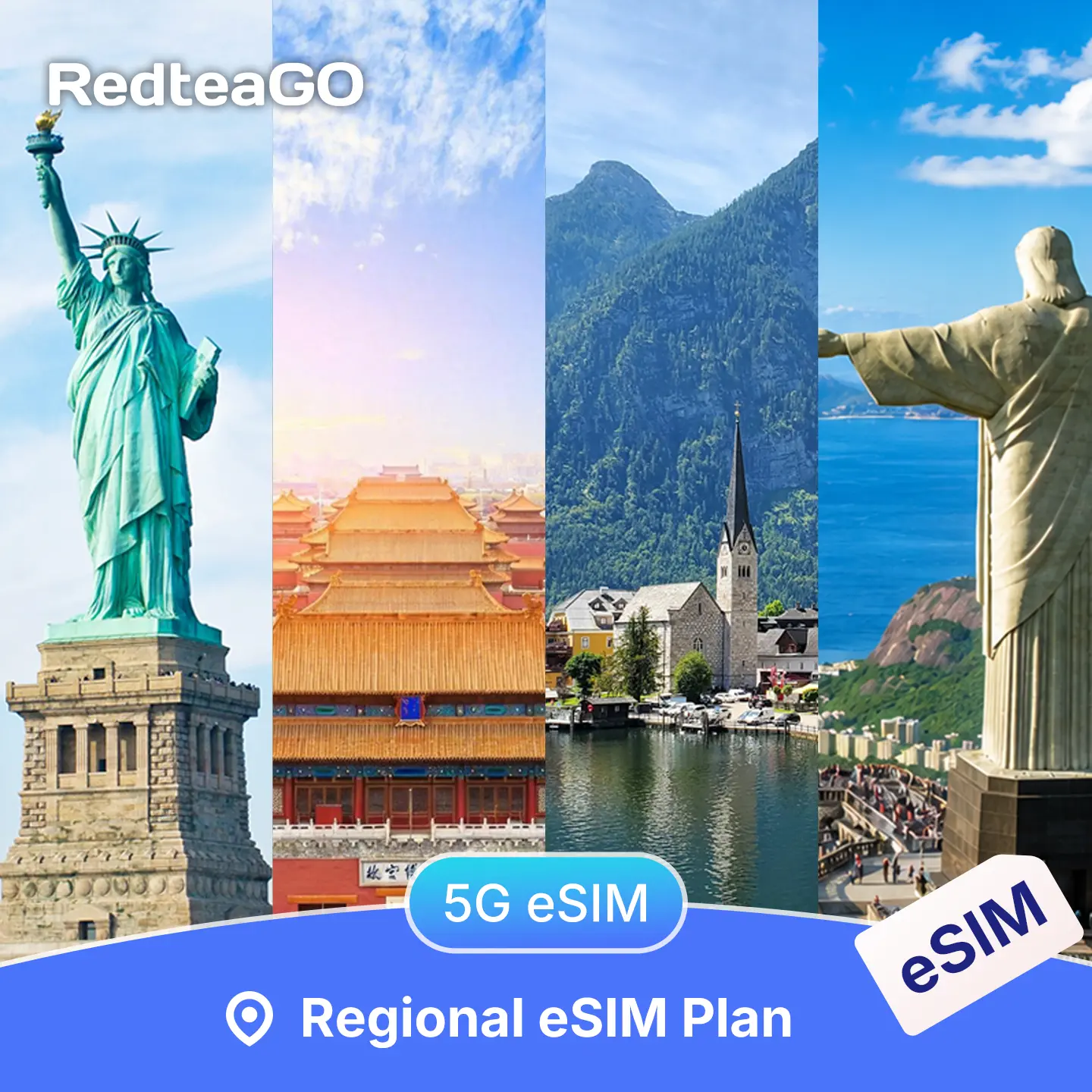 RedteaGO Global Region eSIM Unlimited Data 5G International Travel SIM USA Canada Mexico Europe Japan Korea China Thailand Singapore Instant QR Code