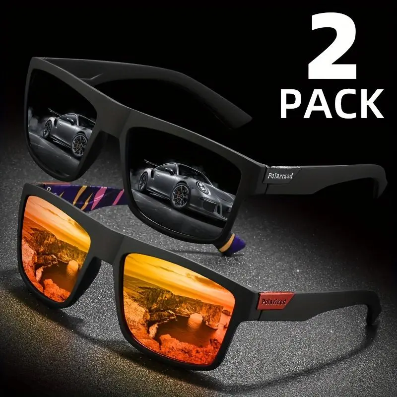 2pcs PILOTSPORT Men'S Polarized Sports Fashion Glasses - Stylish Black Frame with Vibrant TAC Lenses for Driving, &, Durable PC Material, Ideal for Adventures