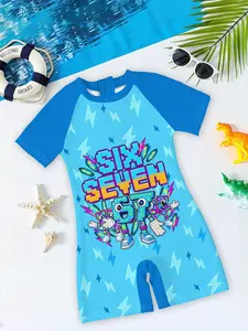 Boys' one-piece swimsuit "Digital 67 Cartoon Cute Style" features blue background pixel-style digital character prints + raglan sleeve one-piece design, which is lively and fresh, and fully enhances the atmosphere of summer pool/ beach outfits~