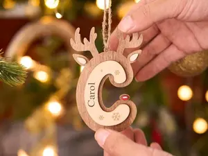 Personalized Reindeer Initial 2 Layer - Wood Ornament, Custom Name Christmas Tree Decoration, Wooden Letter Gift for Kids & Family Stocking Stuffer