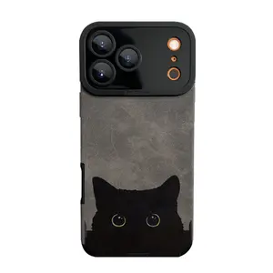 Peeking Black Cat TPU + PU Leather Smartphone Case - Durable Protective Cover, Pro Camera Lens Protection, Safety Casing for iPhone Devices, Cat Lover Aesthetic Gift, Cellphone Accessory