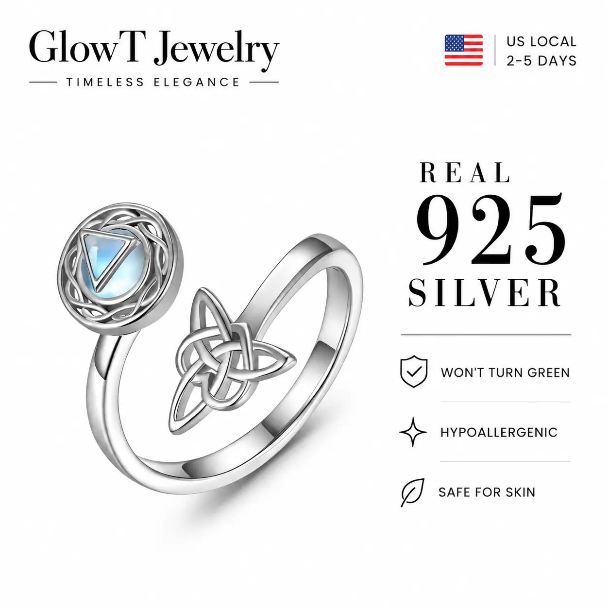 925 Sterling Silver Witch Knot Adjustable Ring with Moonstone Celtic Elemental Jewelry for Sensitive Skin for Samhain & Lunar Rituals