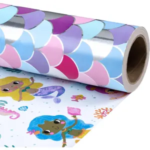 30" X 32.8' Reversible  Wrapping Paper Large Paper Roll,  Roll, Colorful  and  Design with Iridescent Scales   Wrap for Girls Birthday Party,  Shower