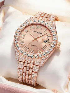 Women's Quartz Watch, Rose Strap, Roman Numerals, Large Dial, Casual Elegant Design, Perfect for Daily Wear or Gift