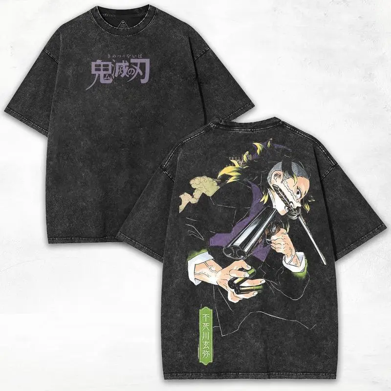 Men's Demon Slayer Corps x Genya Shinazugawa Distressed Vintage Heavy Cotton Washed Graphic T-Shirt - Short-Sleeve Crew Neck, Double-Sided Print, All-Season Festive Menswear Top (Demon Slayer Graphic Men's Short-Sleeve T-Shirts)