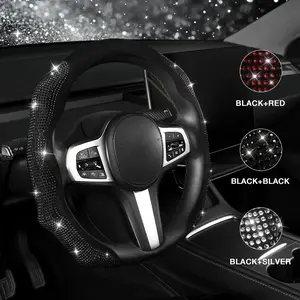 AUTOYOUTH Luxury Diamond Bling Car Steering Wheel Cover, Sparkly Crystal Rhinestones Design on Soft Flannel, Anti-Slip Grip, Universal Fit 14.5-15 Inch for Women, Car Interior Accessories, Holiday Gift