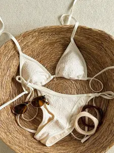 Olive Green Beige Halter Thong Bikini Set, Sexy Vacation Beach Swimwear
