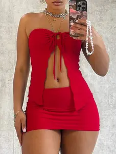 Women’s Solid Color Tube Top & Bodycon Skirt Two-Piece Set, Casual Sleeveless Summer Outfit, Daily Outdoor Matching Set for Women