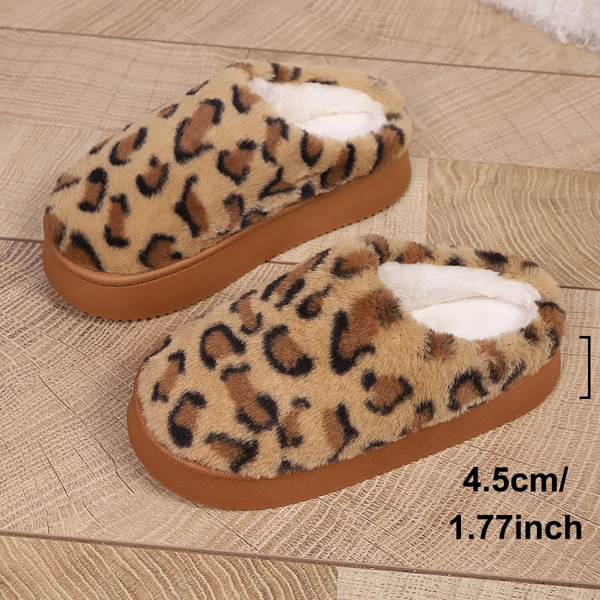 Women's Leopard Print Slippers, Casual 1.77in Platform Slides with a Plush Fuzzy Lining and Anti-Slip Grip for Indoor Outdoor Wear, Footwear, Stylish, Slippers For Women, Polyester, Round Toe