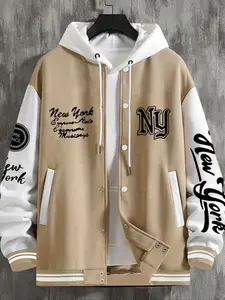 Men's Casual Ny New York Letter Print Baseball Jacket, Fitted Design, All Seasons Wear, Geometric Pattern, Versatile Outerwear