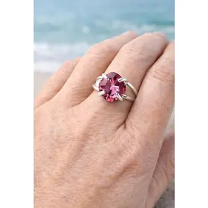 Pink Topaz Ring Size 9 Sterling Silver Handmade Statement Ring Round Gemstone