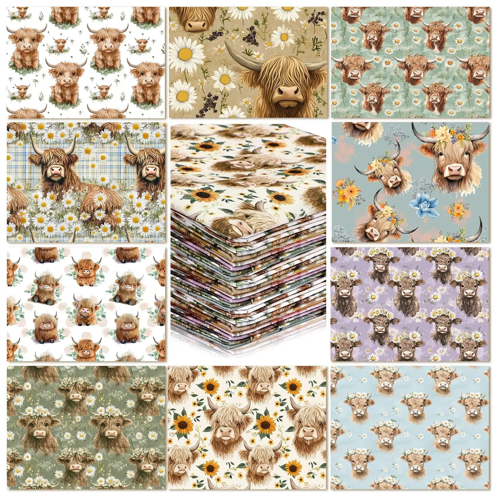 NCH Highland Cow Quilting Fabric Squares - Western Precut Fat Patchwork Strips, Vintage Floral Pattern Bundles for Holiday Sewing, DIY Crafters' Versatile Uses Handmade Quilt Material
