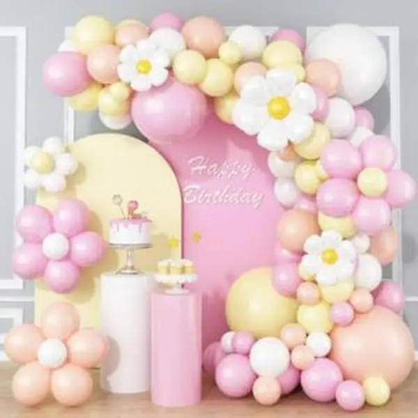 137-Piece Feminine Daisy Floral Balloon Garland Arch Kit - 10 inches Inflated Groovy Foil Balloons, Boho Pastel Pink Yellow White Orange Decorations with Glue for Girls' Birthday, Bridal Shower