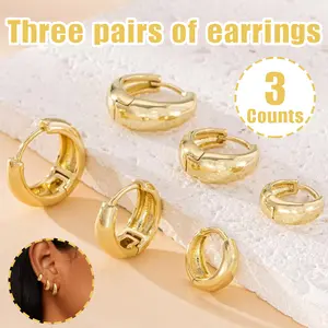3 Counts Women's Sterling Silver Post Earrings, Hypoallergenic 14K Gold Plated Dainty Cartilage Stud Huggie Hoop Dangle Chain Earrings, Non Tarnish 14k Gold Hoops Set