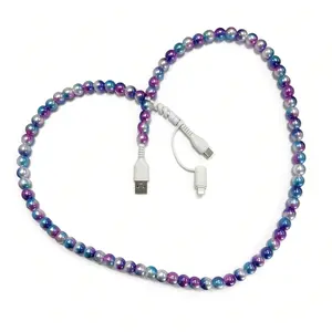 Pearl-Decorated Charging Cable, Usb Charger Cable, Fast Charging Cords, Compatible with USB-C and Lightning interfaces 4-in-1 data cable, 3.3 feet, fast charging, multiple colors, Holiday gifts