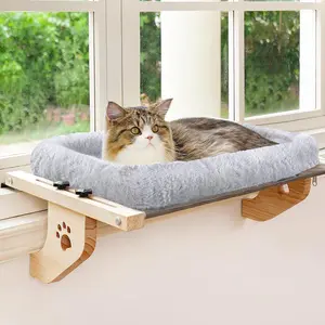Cat Sill Window Perch Sturdy Cat Hammock Window Seat with Cushion Bed Cover, Wood & Metal Frame for Large Cats, Easy to Adjust Cat Bed for Windowsill, Bedside, Drawer and Cabinet(Cushion Bed)