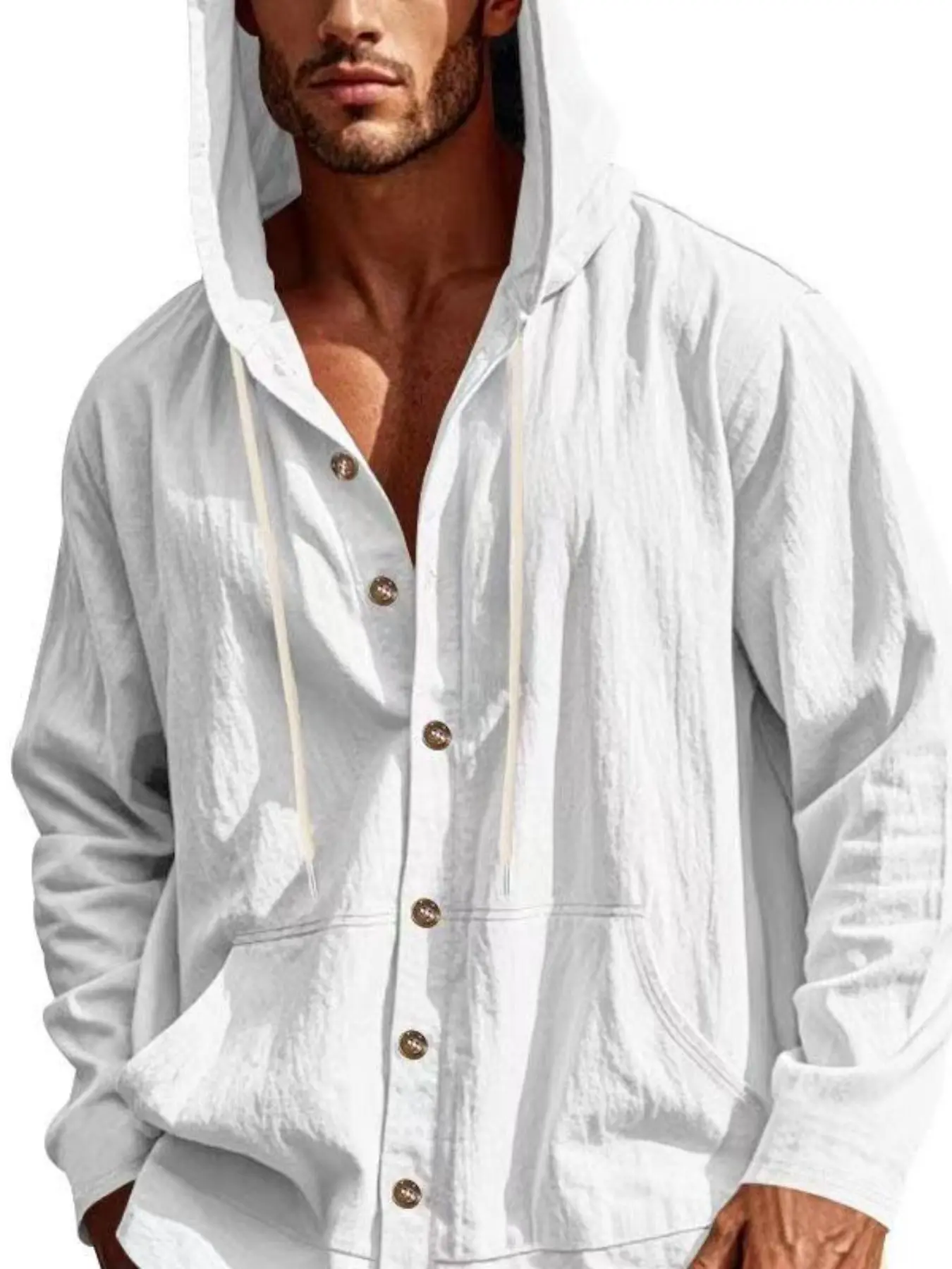 Men's linen simple, breathable and casual Relaxed Fit long-sleeved shirt Top, breathable, moisture-wicking and sweat-absorbing, with a fashionable button hood design, a must-have item for men's wardrobes, Casual Comfy Fit