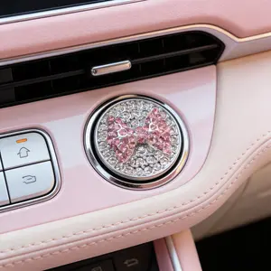 Pink butterfly rhinestone ring badge car accessory - car one-key start button cover/sticker, key ignition knob rhinestone ring, sparkling car interior accessory for women