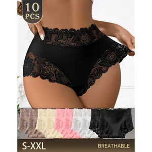 QUASTI 10 Pack of Panties Mid Waisted Skin-friendly Lace Women's, Seamless Sweet Breathable Mix Colors Casual Elegant Multiple Size Fashion Underwear, Sexy Girls Season Panty Full Coverage Briefs, Daily Wear, S-XXL