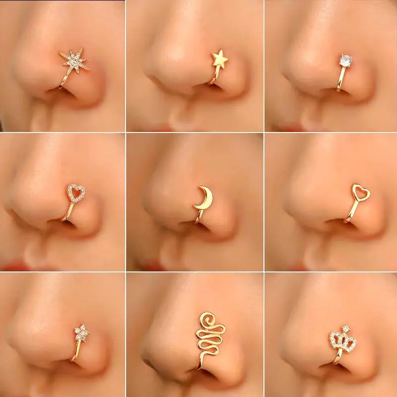 9 pieces Nose Rings for Women and Men Jewelry Shape Nose Ring Copper Non Piercing Nose Rings, U Shape Star Love Crown Nose Clip with Zirconia shape nose nose ring nose ring Punk Rhinestone Clip-On Gold gold nose protection bracelet cross septum Stainless