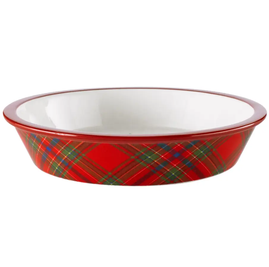 10" Round Ceramic Pie Dish Holiday Tartan Plaid Stoneware Casserole Pan for Holiday Baking