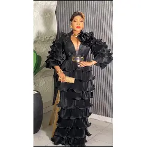 Elegant Black Ruffle Embroidered Maxi Dress for Women - Dramatic Waterfall Ruffle Design, Long Maxi Plus Size Mother of The Bride, Mermaid Gown for Wedding Guests, Birthdays, Anniversaries & Cocktail, Nigerian Party Turkey Dress