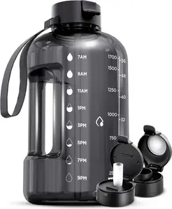 64 oz Water Bottle with Time Marker - Straw & Chug Lid -  Half Gallon Gym Water Bottle with Handle - Big Gallon Jug (Gray, 64 Ounces)