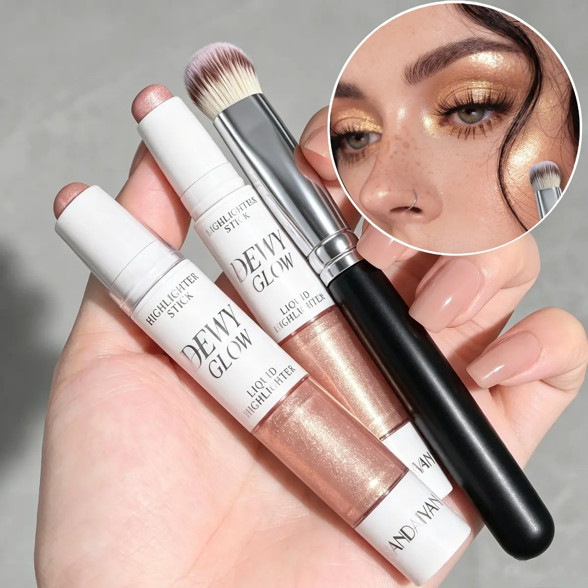 3Pcs Dual-Ended Shimmer Highlighter Stick with Makeup Brush, Multi-Use Glowing Cream Pencil for Face Eyes Lips Body, Waterproof Long Lasting Body Glow Stick for Music Festival, Cosplay, Party, Daily Wear, Birthday Aesthetic Women Gifts