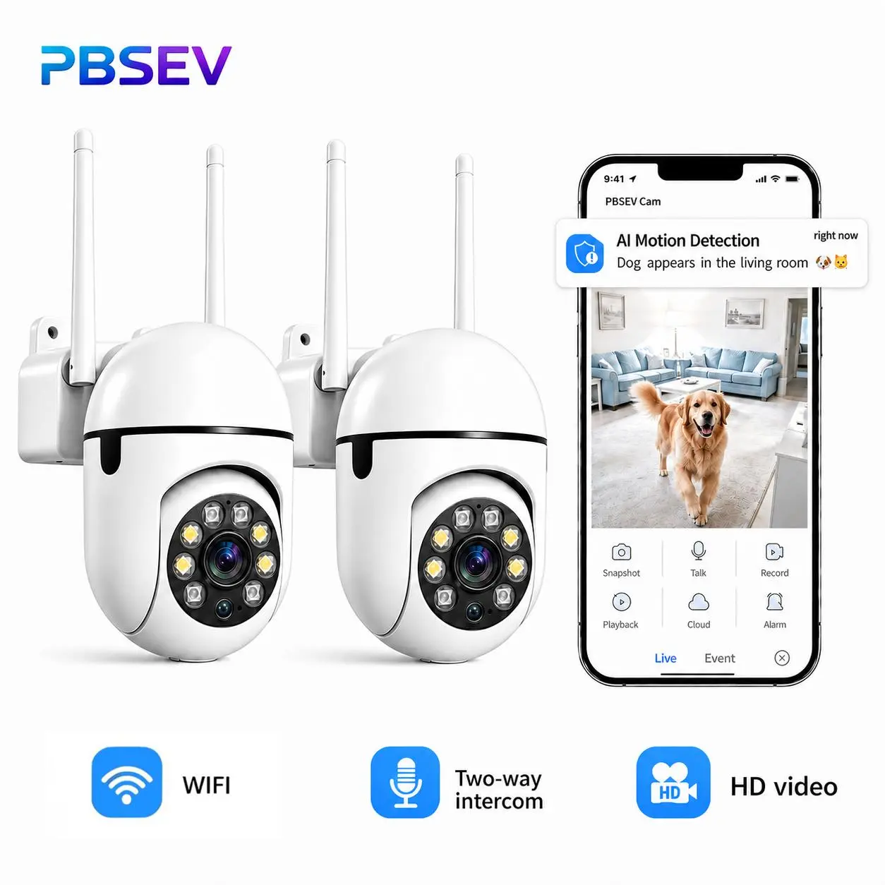 PBSEV HD 1080P Indoor Wireless Security Camera - 360° Panoramic View, Color Night Vision, AI Human Detection, 2-Way Audio, Bluetooth, 2.4GHz WiFi, Wall Mount Compatible, Micro SD Support, Plug-In Powered - Not 5G WiFi Compatible, Camera Security Device