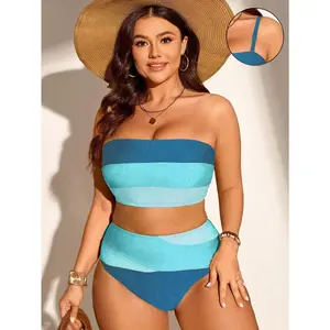 Swim Curve Summer 2pcs/Set Plus Size Women Strappy Bikini Top & Striped Bottom Fashionable Casual Bikini Set