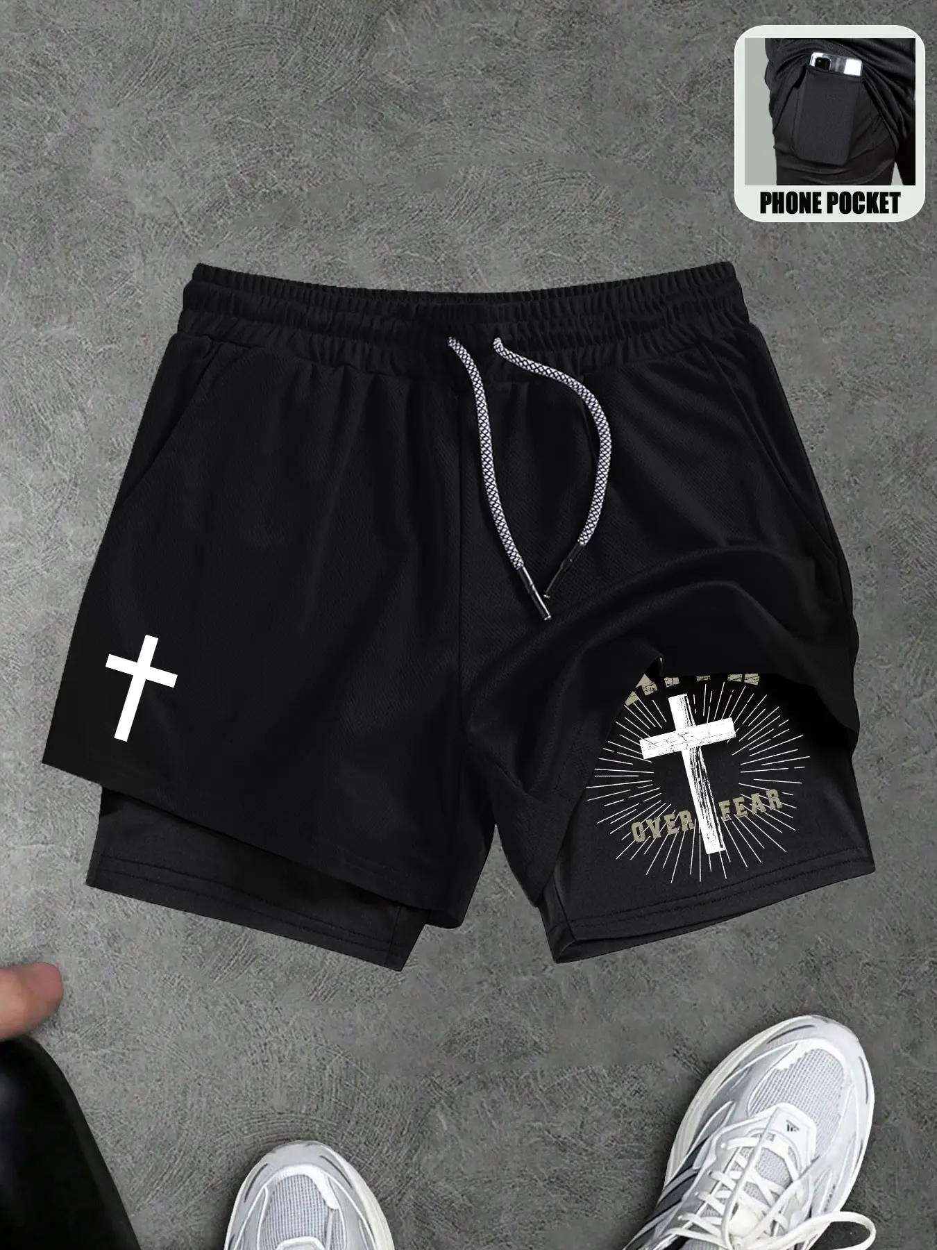 The Cross Graphic Fitness Workout Shorts, 2 In 1 Compression Shorts,Double Layer Shorts With Pockets,Quick Dry Running Fitness Basketball Shorts,Gym Lightweight Short, Sweatpants For Men, Cross Print Shorts, Quick Drying Shorts
