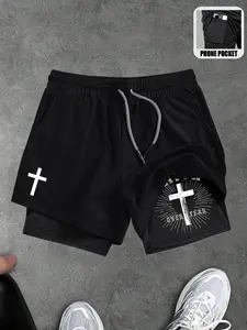 The Cross Graphic Fitness Workout Shorts, 2 In 1 Compression Shorts,Double Layer Shorts With Pockets,Quick Dry Running Fitness Basketball Shorts,Gym Lightweight Short, Sweatpants For Men, Cross Print Shorts