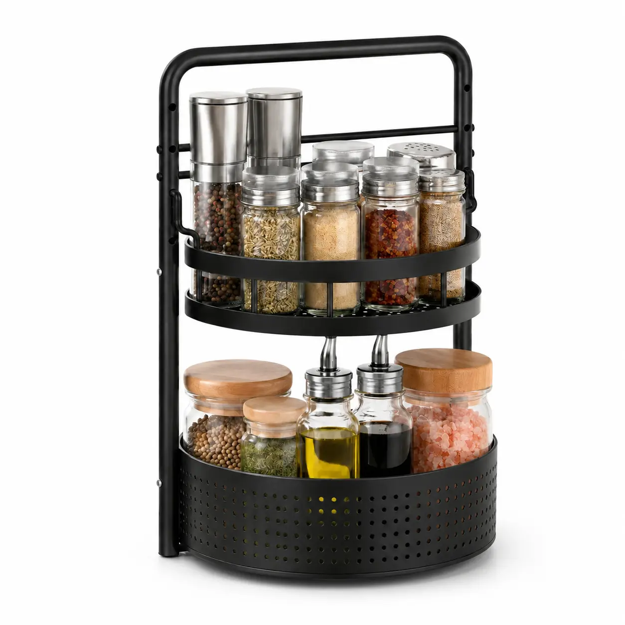 2-Tier Kitchen Countertop Spice Rack Organizer, Black Metal Seasoning Storage Shelf with Carry Handle, Space-Saving Organizer for Spices, Condiments, Oil Bottles, Pantry, Cabinet & Kitchen Organization
