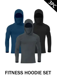 Men's 3-Pack Fitness Hoodie Set with Face Cover, Quick Dry Long Sleeve Workout Hooded Shirt, Athletic Sun Protection Top for Gym, Running, Training, Outdoor Sports #tiktokmademebuyit