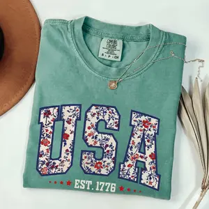 Comfort Colors Floral USA Shirt, American Girl T-Shirt, USA Est 1776 Shirt, Girly 4th of July Shirt, Patriotic Women Tee, Flower USA Shirt