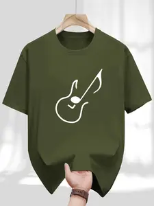 Men's Round Neck T-Shirt, Fashion Minimalist Electric Guitar Silhouette Geometric Print, Retro Religious Style, Casual Long Sleeve