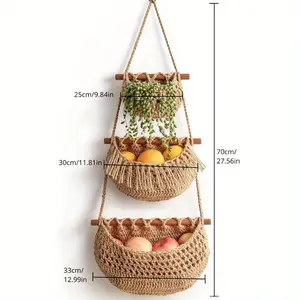 1pc kitchen three-layer wall-mounted fruit hanging basket, woven fruit and vegetable net bag, wall-mounted storage basket - rope storage basket Organiser Hangable Organiser Hangable
