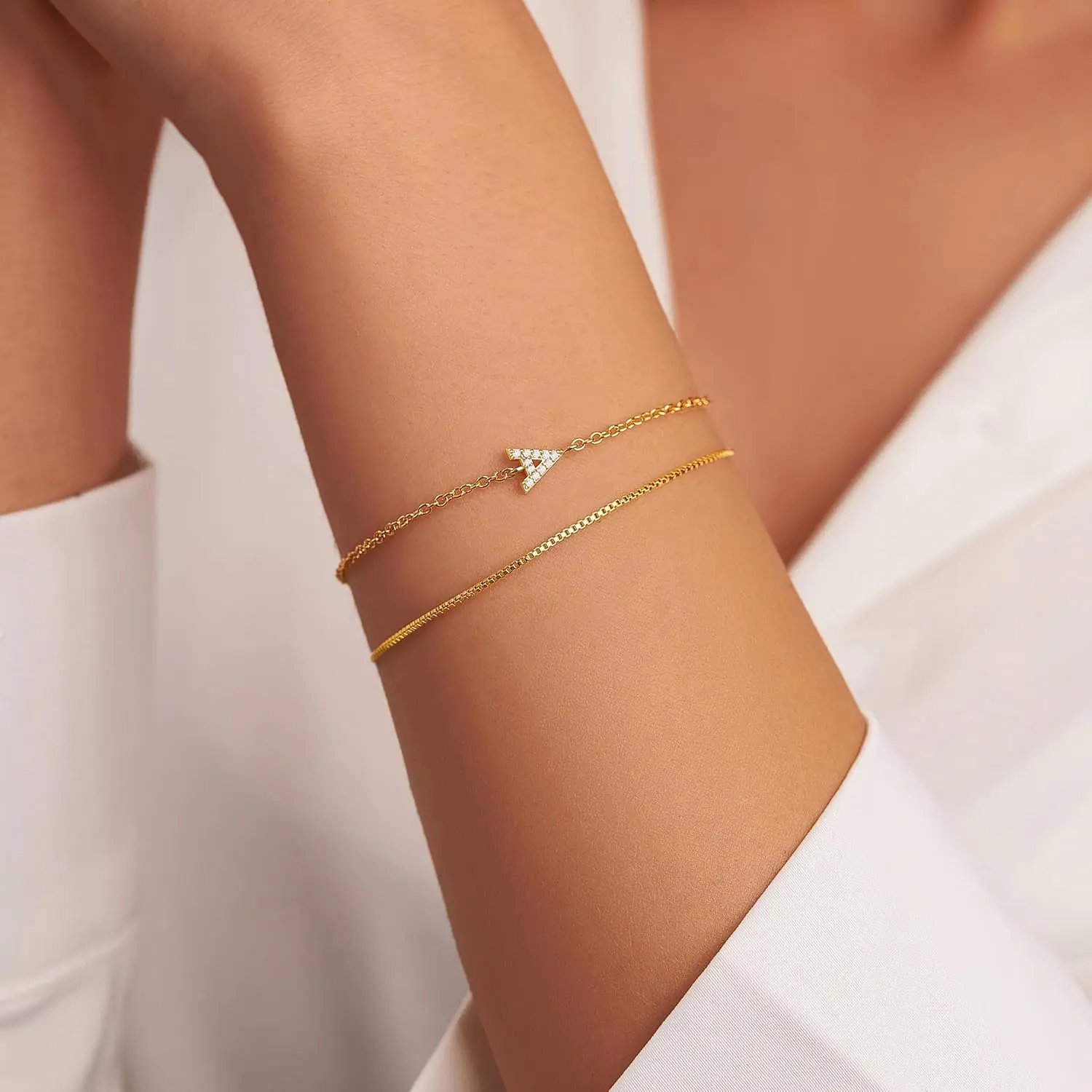Gold Initial Bracelets for Women, Dainty 14K Gold Plated Letter Initial Bracelet for Women, Cute Layered Box Chain Gold Bracelets for Women Trendy Jewelry