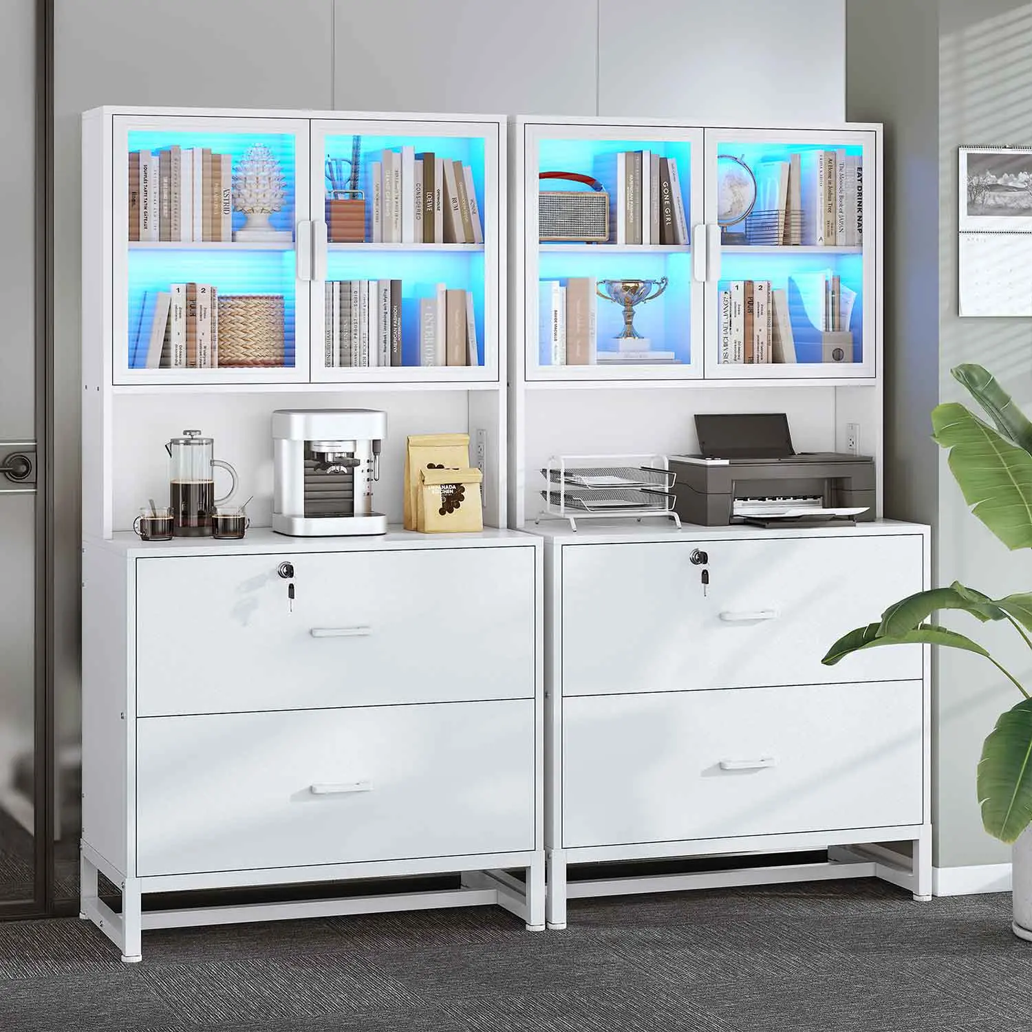 Sedeta 2-Drawer Locking Wood Filing Cabinet - Storage Drawers, Lock, Shelf, Charging Port, Attached Bookcase - Modern Commercial Office Furniture for Office Room Large Space Organization, Assembly Required