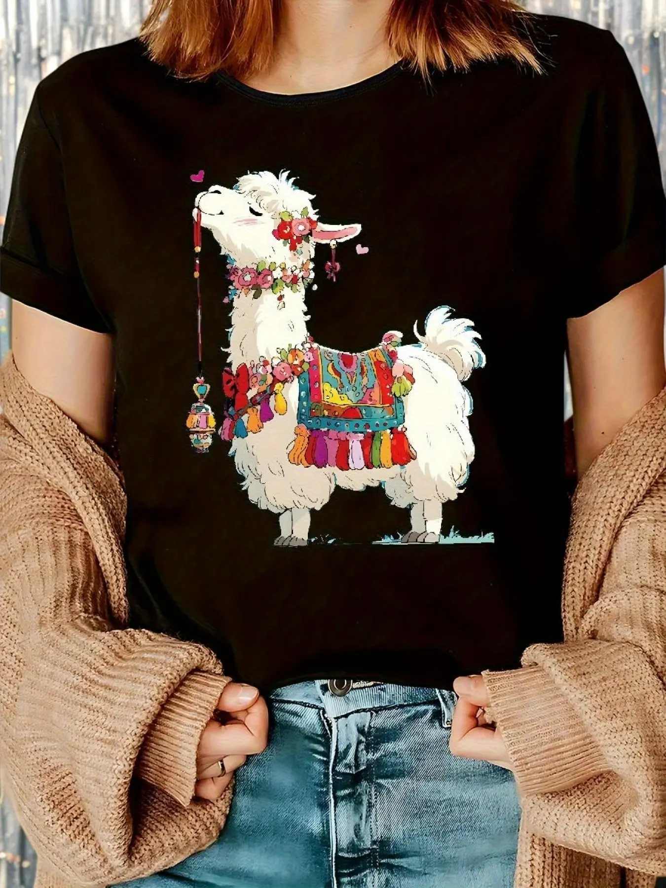 Women's Anime Llama Print T-Shirt - 95% Llama Crew Neck Short Sleeve Tee, Lightweight Stretch Fabric Suitable for Spring Summer Fall, Casual Casual Attire with Llama Face & Minimalist Style, Machine Washable Blouse Fashion