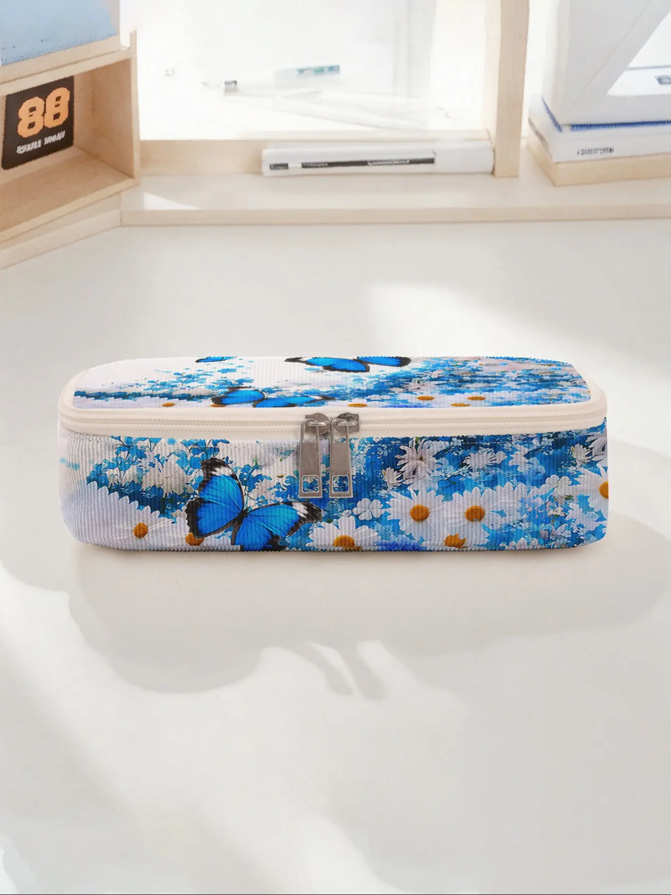 Floral Butterfly Pattern Large Capacity Pencil Case, Durable Multi-Functional Storage Bag, Portable Zipper Organizer for School Office Supplies
