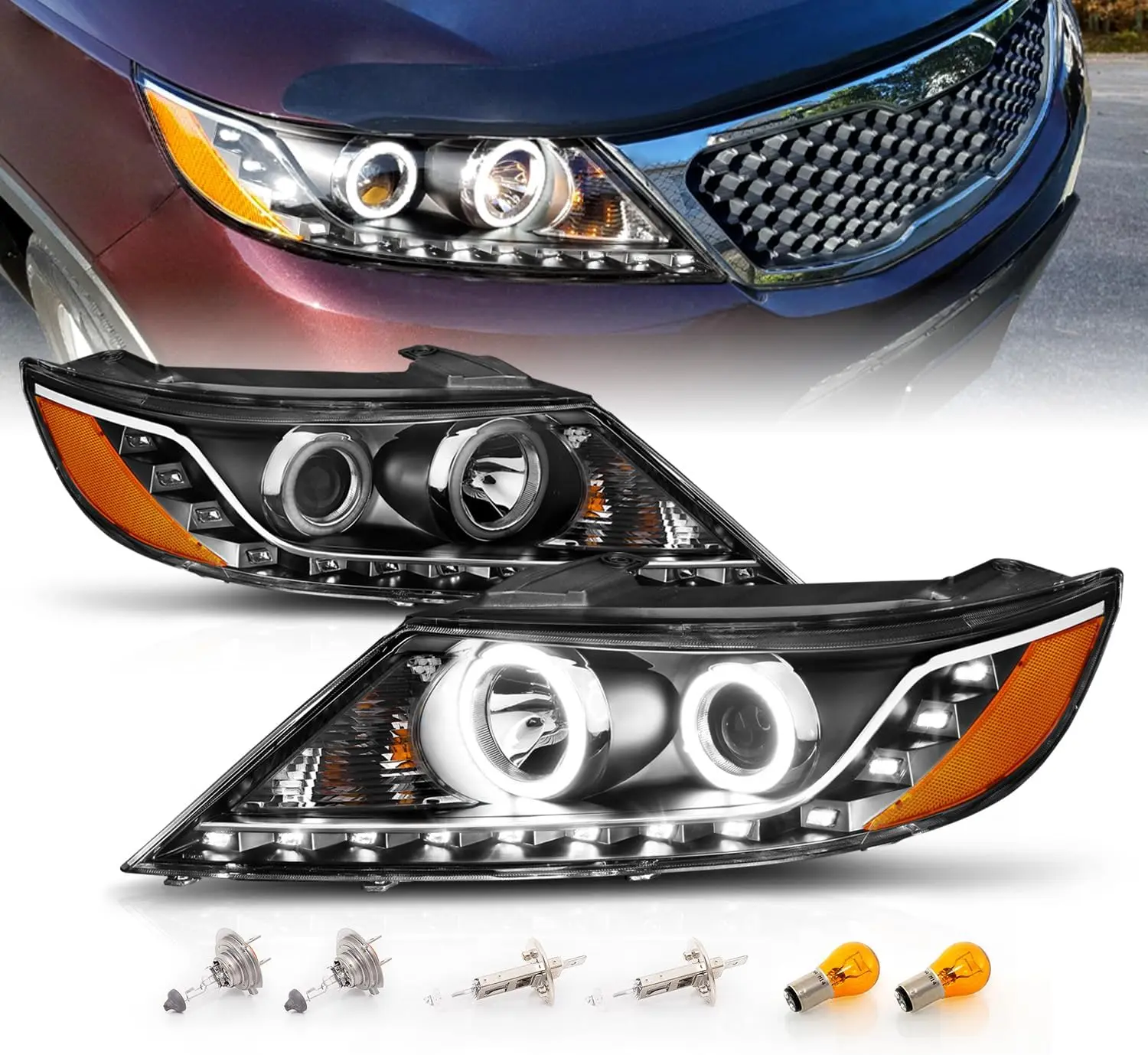 AmeriLite for 2011-2013 Kia Sorento Black Projector Headlights Xtreme Bright LED Halo Ring Set - Passenger and Driver Side