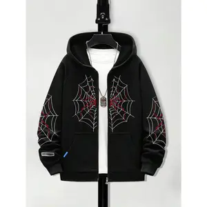 Boys' Spider Web Printed Pattern Hoodie Zipper Cardigan Sweater Hooded Sweatshirt Fleece Printed Casual Outdoor Pocket Sports Pants for Kids Ages 8-16 Years