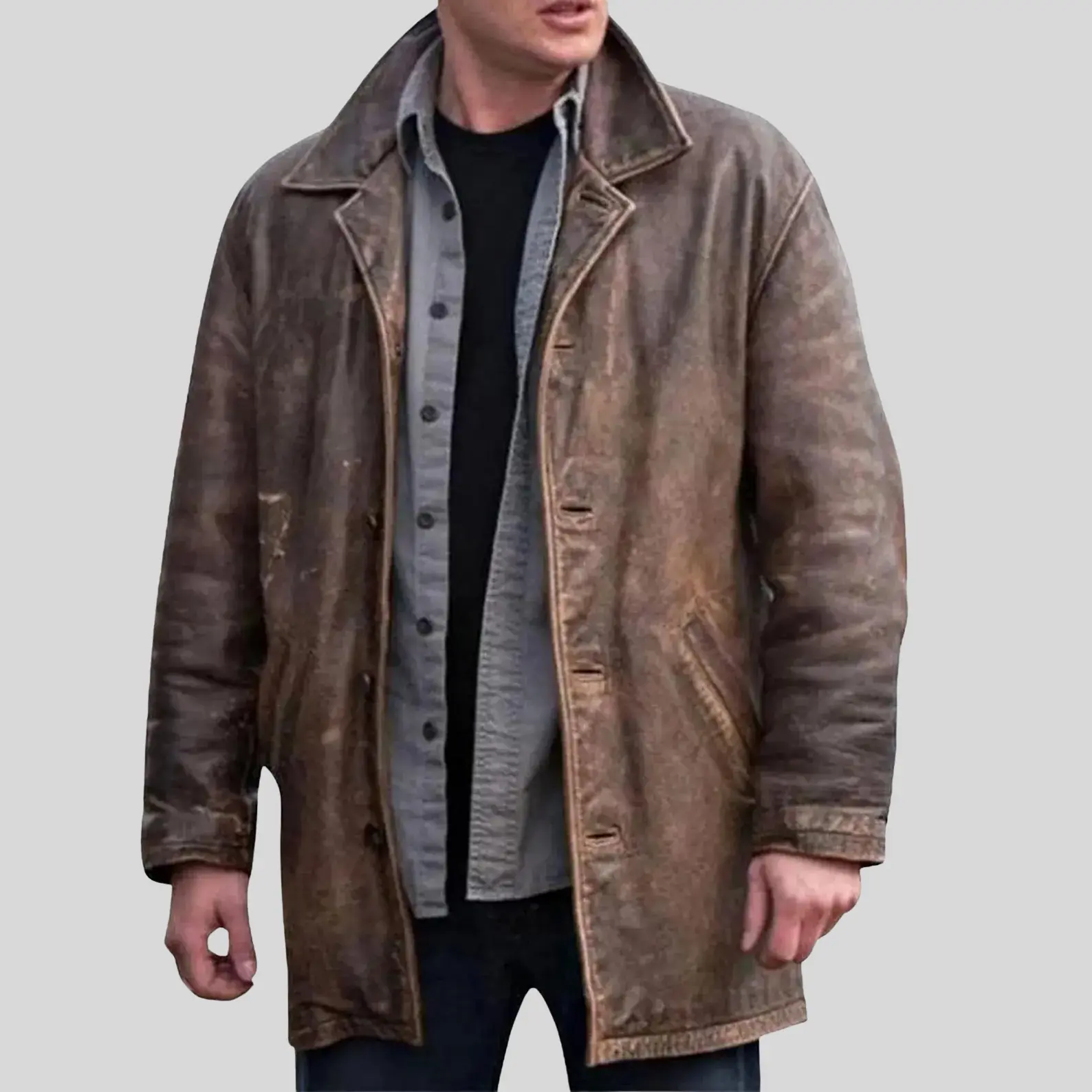 Men's Distressed Brown Real Leather Jacket - Supernatural Dean Winchester Inspired Classic Coat, Casual Menswear, Sexy, Button Front, Lightweight Fold, Front Closure Men's Real & Faux Leather Jackets, Dark Brown Men's Real & Faux Leather Jackets