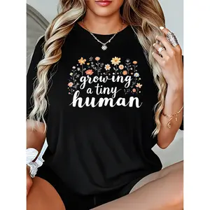 Women's Pregnancy Announcement T-Shirt Growing A Tiny Human Floral Graphic Crew Neck Short Sleeve 100% Cotton Maternity Reveal Tee